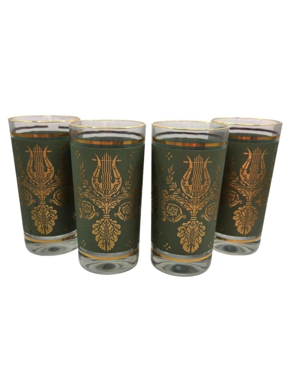 Vtg Jeanette Glass Co. Highball Glasses Laurel & Lyre Green & Gold Set Of 4 MCM